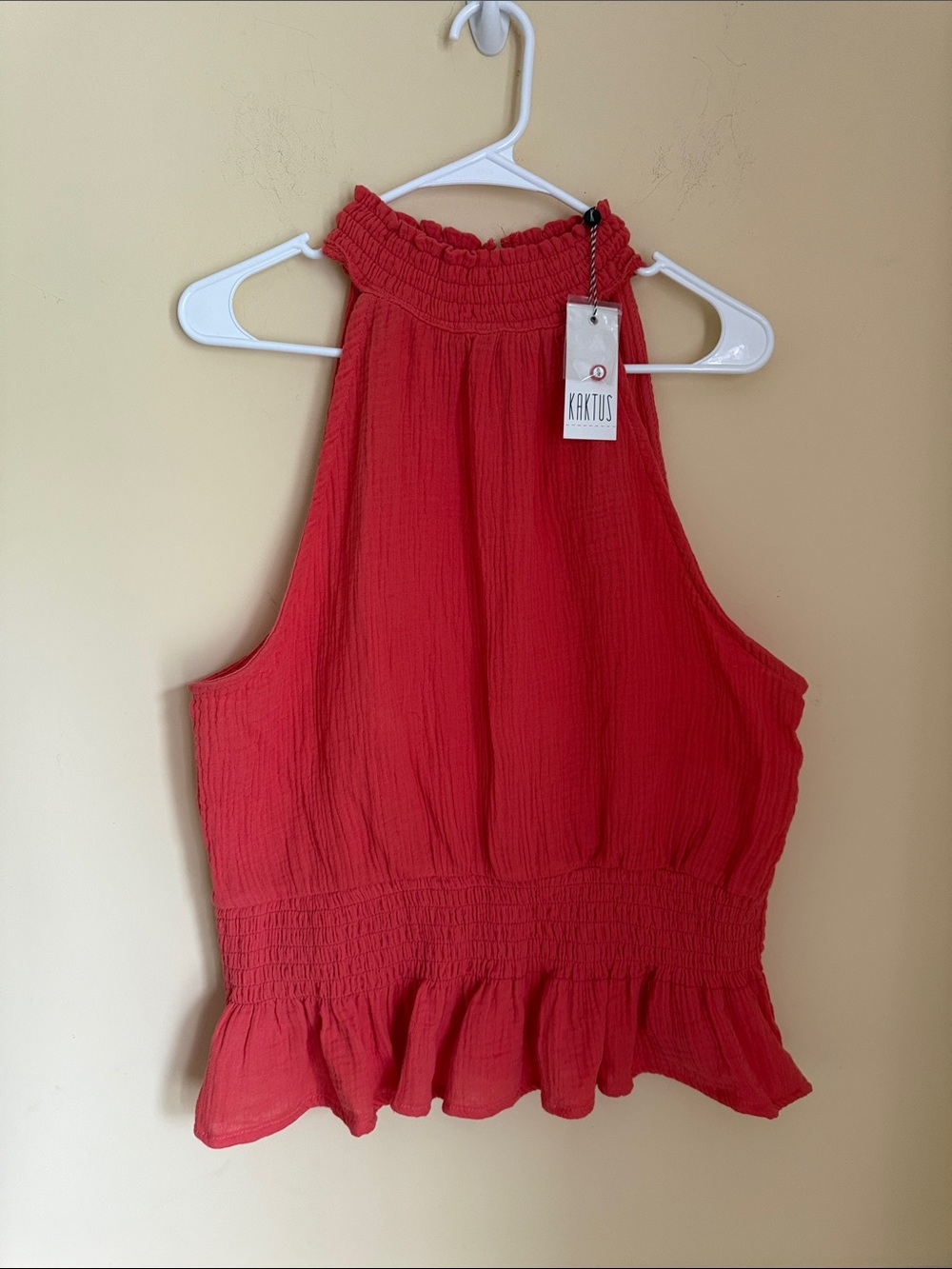 NWT Kaktus Salmon Coral Smocked Halter Peplum Tank‎ Size XL